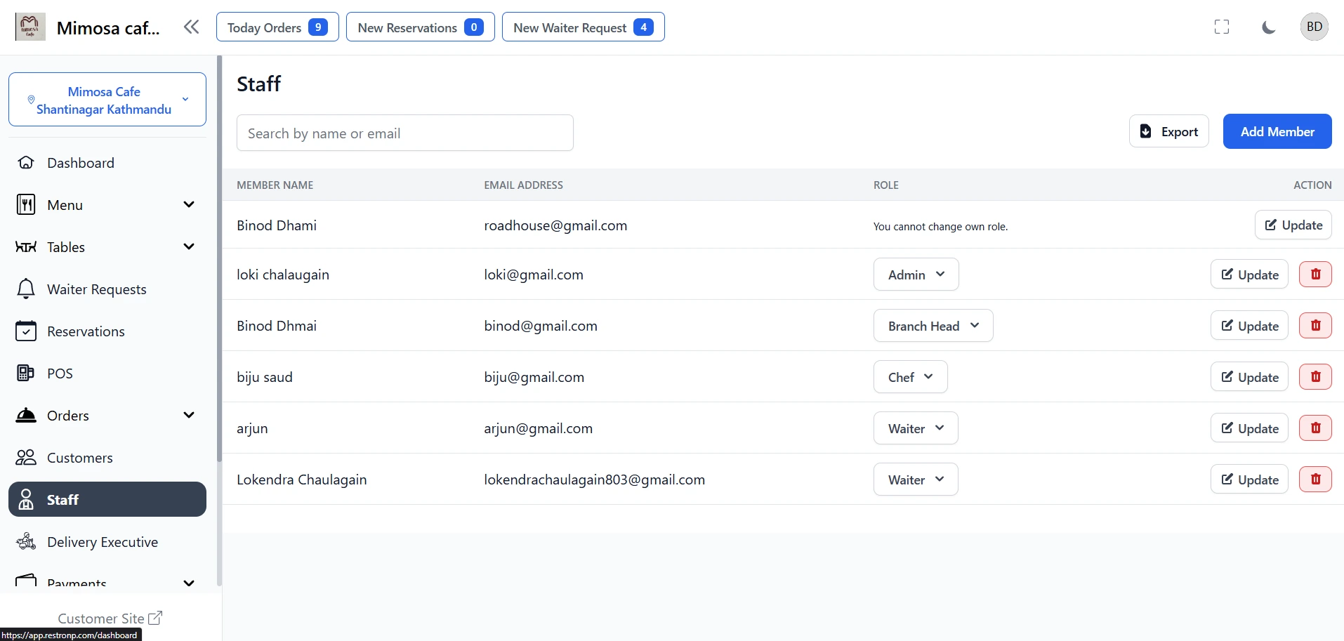 Staff Management for Nepal Restaurant Management Software